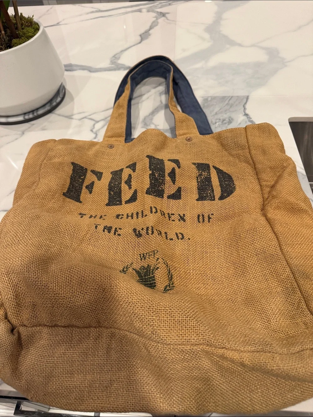 FEED Tan Canvas Messenger Tote with Navy Handles